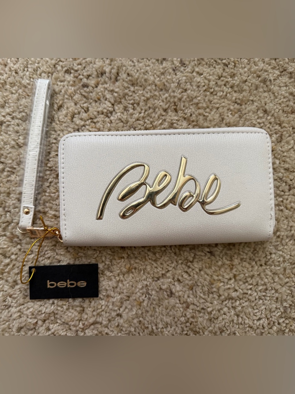 bebe Pearl White Wallet with Gold Script Logo